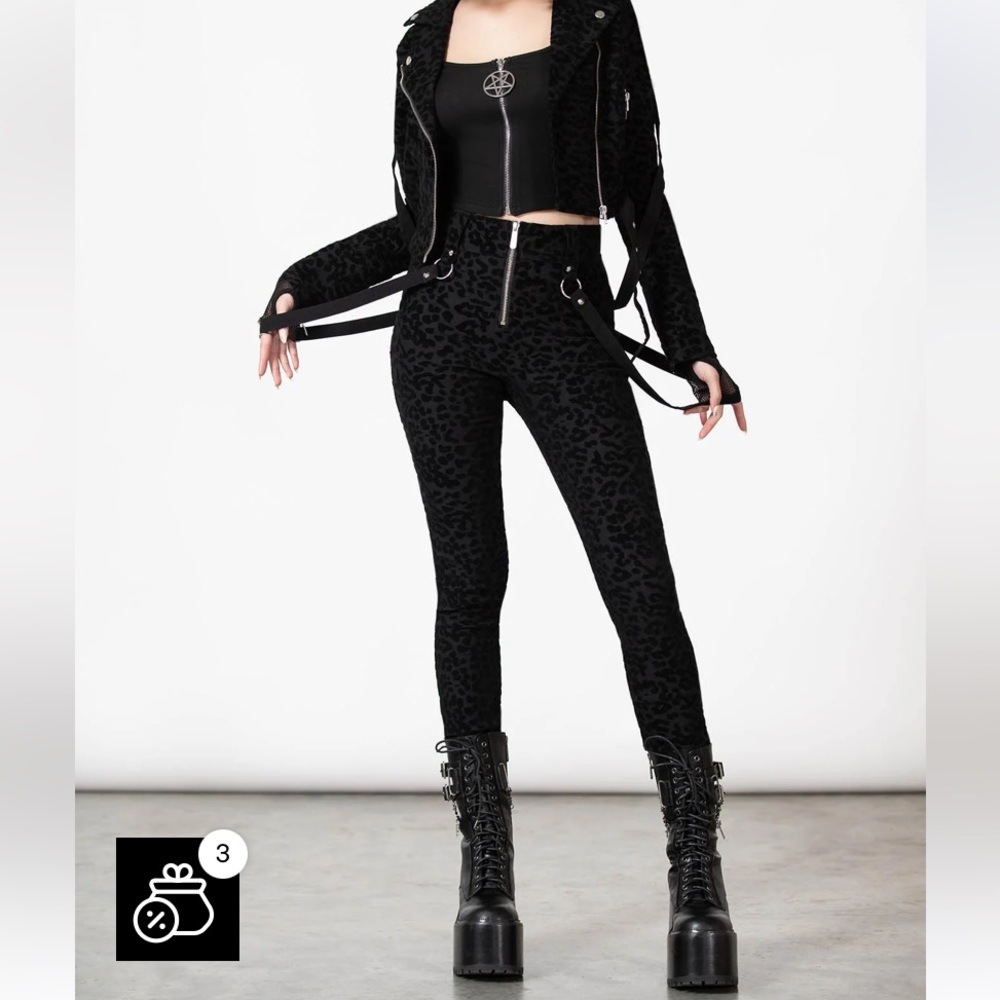 NWOT Killstar Hellcat Black Leopard Print High Waisted Pants w/Buckles & Straps - Picture 1 of 14